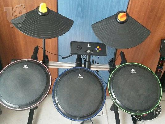 Πλήρες σετ Guitar hero για Xbox 360. Drums Logitec wireless, κιθαρα και το παιχνιδι Guitar...
