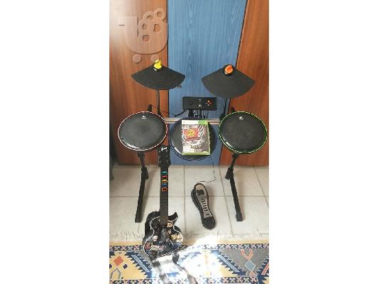 PoulaTo: Πλήρες σετ Guitar hero για Xbox 360. Drums Logitec wireless, κιθαρα και το παιχνιδι Guitar Hereo Warriors of Rock