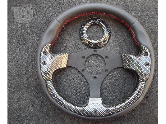 Τιμόνι δέρμα και carbon look με κόκκινα εξώραφα