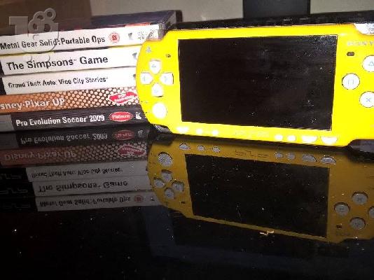 Sony PSP lite κιτρινο limited edition + 5 παιχνιδια + φορτιστης + καρτα μνημης...