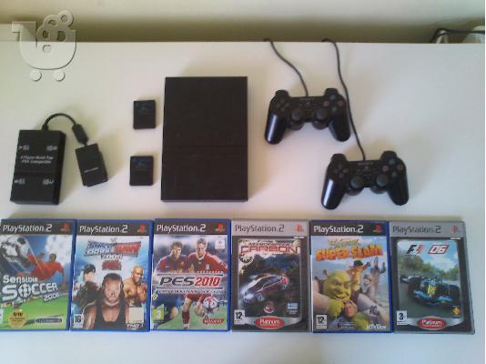 PoulaTo: Ps2 + 2 τηλεχειριστήρια + 2 Memory cards 8MB + 1 Multi Tap PXII Compatible για 4 παίκτες + 6 παιχνίδια (PES 2010, Smackdown vs Raw 2008, F1 2006, Shrek Super Slam, Sensible Soccer 2006, Need for sp